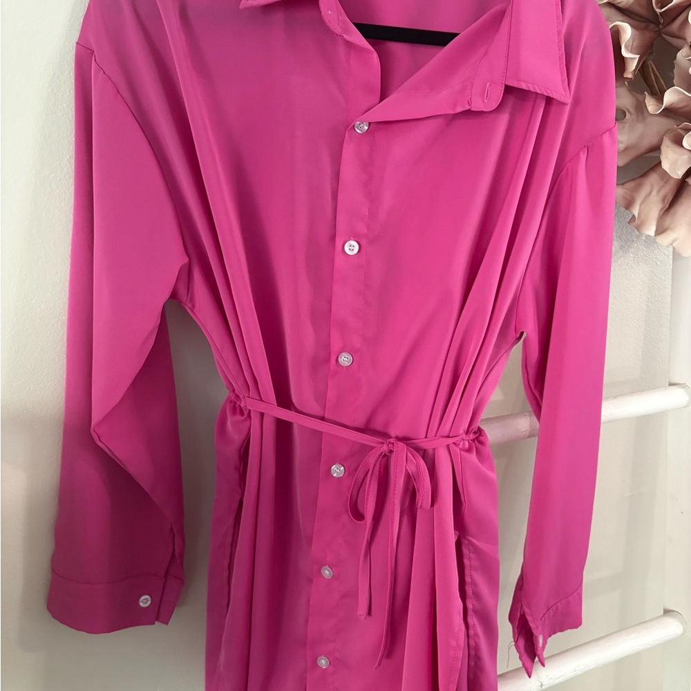 Bright Pink Button-Up Shirt Dress romper with Waist Tie